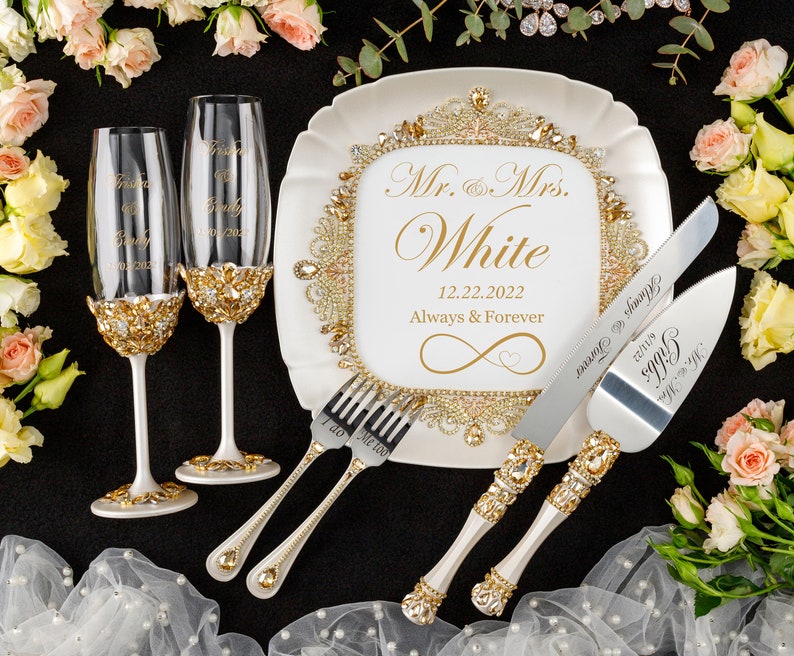 gold wedding cake cutting set, gold wedding cake server, gold wedding cake knife set set of 7 with plate