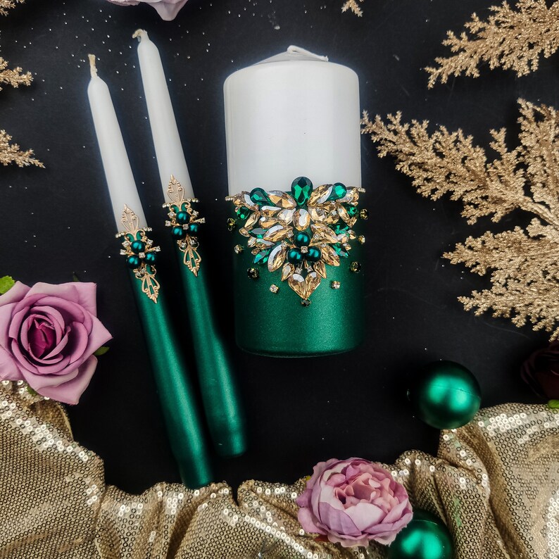 Green Wedding Unity Candle Set Emerald Green Wedding Candles | Etsy