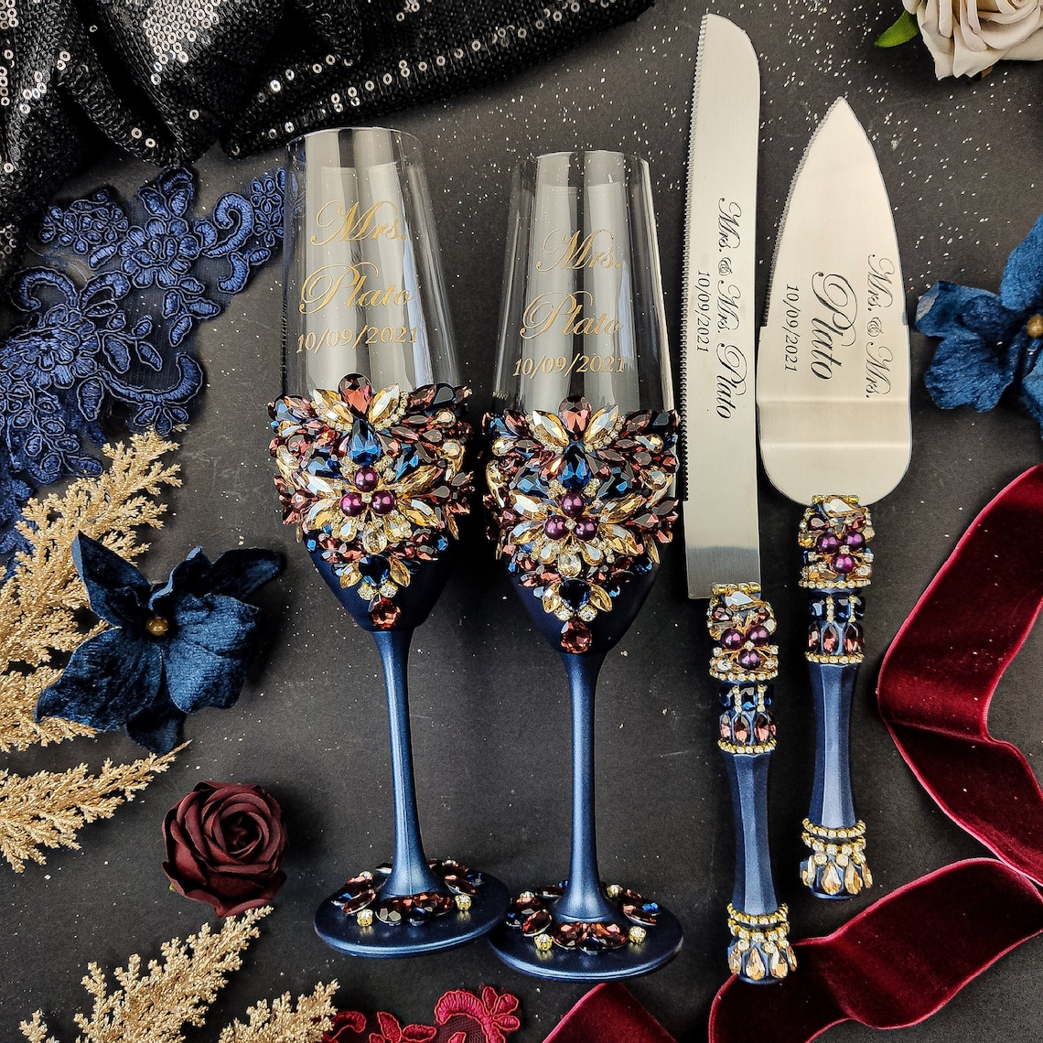 Navy burgundy wedding maroon navy blue wedding navy wine serv+knife+2glasses