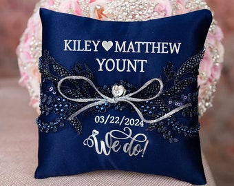 Navy blue silver wedding ring bearer pillow, navy blue wedding decorations, personalied navy silver wedding flower girl baskets