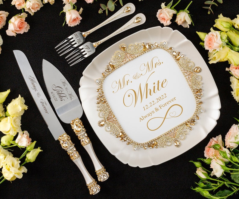 gold wedding cake cutting set, gold wedding cake server, gold wedding cake knife set serv+knif+plate+fork