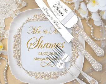 Ivory Pearl Wedding Cake Knife Set: Personalized Champagne Gold Flutes, Plate & Forks