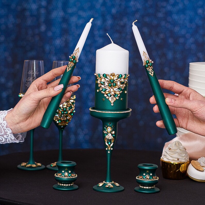 Green Wedding Unity Candle Set Emerald Green Wedding Candles | Etsy