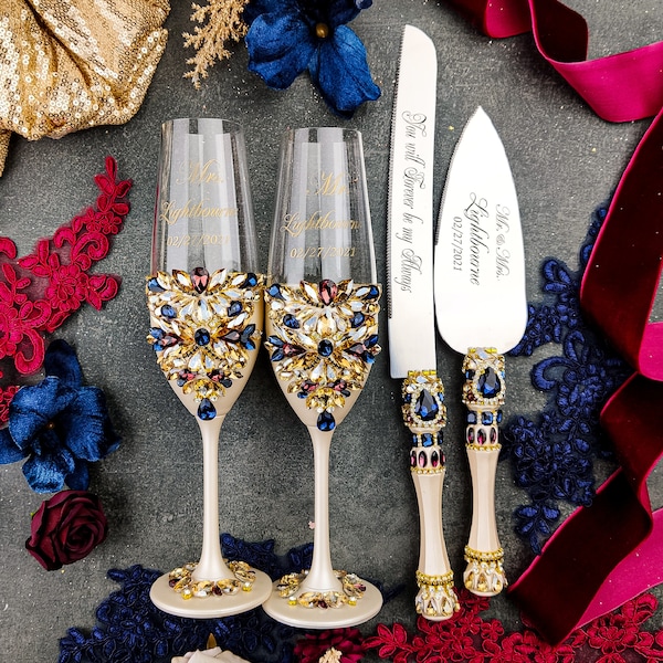 Ivory Navy burgundy wedding, champagne maroon navy blue wedding, cream navy wine wedding cake cutting set, navy burgundy wedding glasses