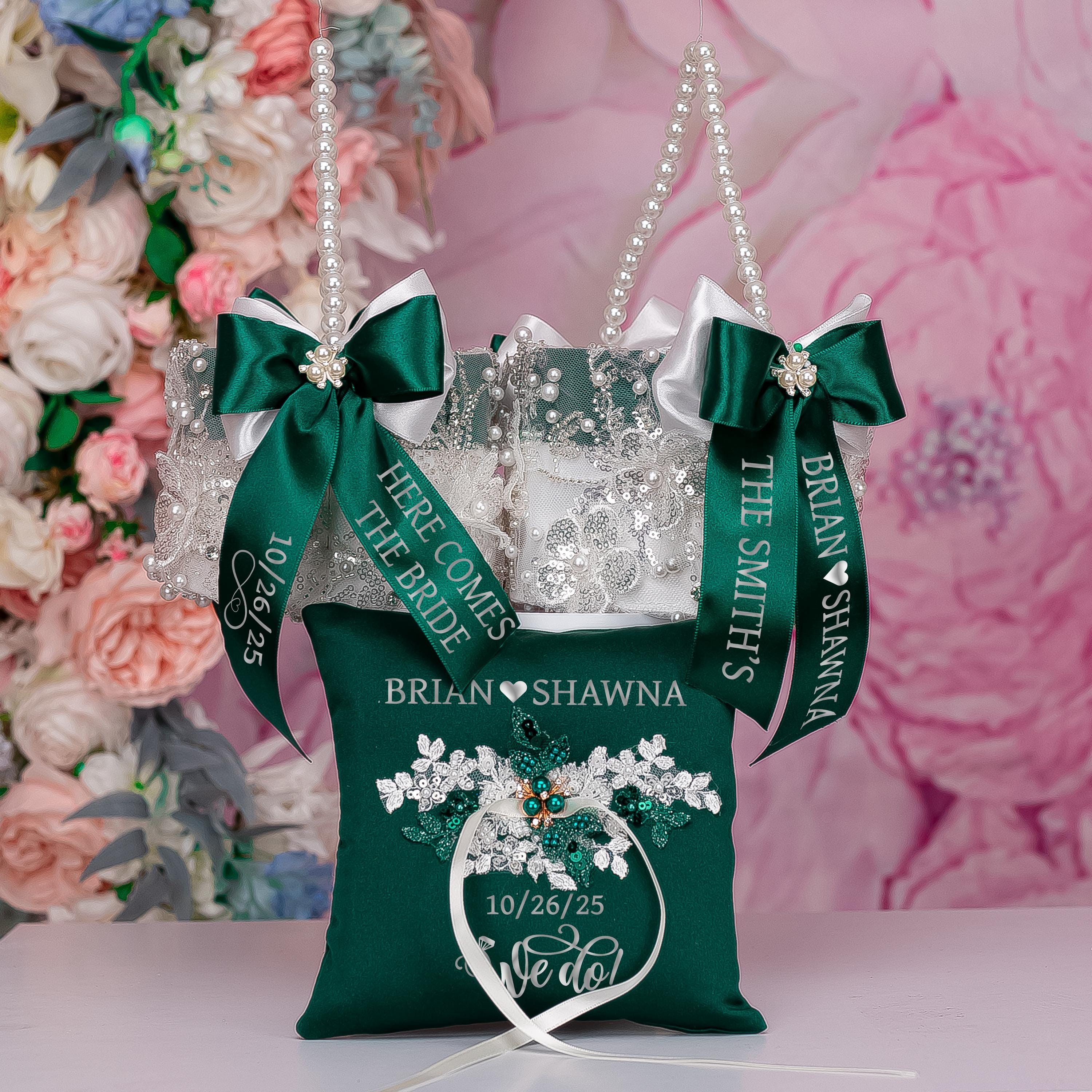 Green Silver Ring Bearer Pillow, Green Silver Wedding Ring Pillow