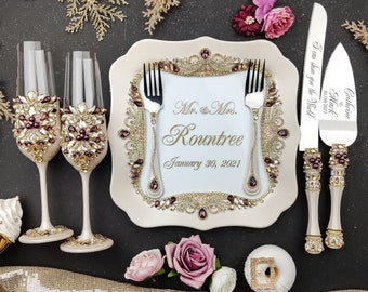 burgundy wedding, beige maroon  wedding cake cutting set, marsala champagne wedding glasses, wine wedding