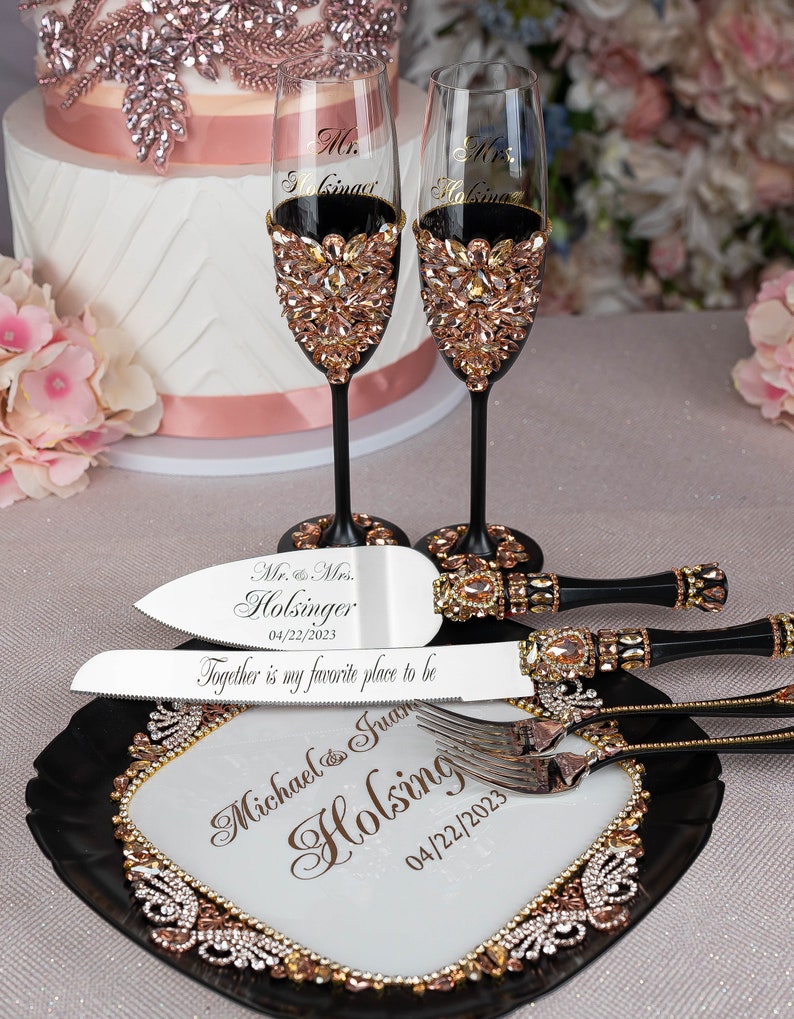 Black Rose Gold Wedding Decor Black Rose Gold Cake Serving Etsy