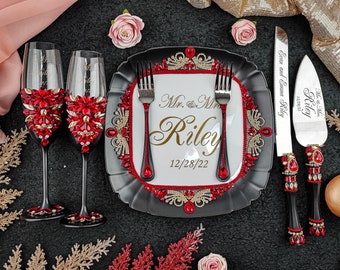 red black wedding, gold black red wedding glasses, black red wedding flutes, black gold red cake knife