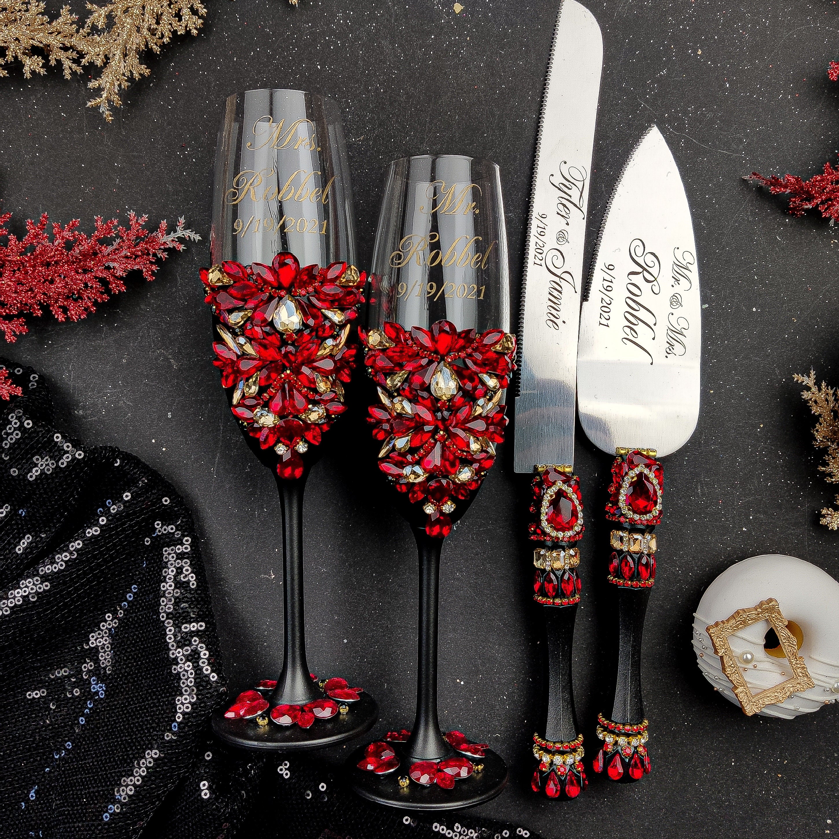 Red Black Wedding Champagne Glasses Gold Black Red Wedding Flutes