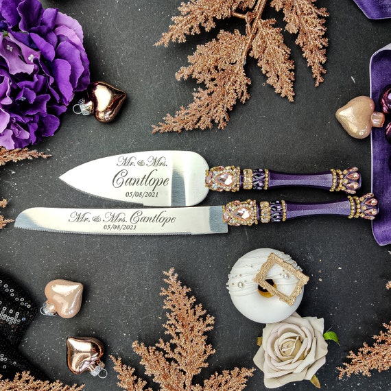 Purple and Gold Cake Serving Set Cutting Set Knife Set Wedding Cake Serving  Set Wedding Cake Server Set Purple and Gold 