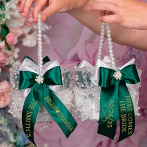 White Green Flower Girl Basket, green white wedding flower girl baskets, personalized flower basket, green wedding decorations