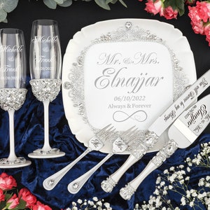 wedding  flutes and cake server sets, wedding glasses for bride and groom wedding cake cutting set