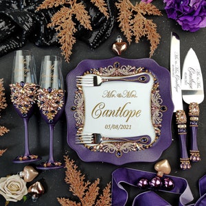 Purple wedding, plum rose gold wedding cake cutting set, purple copper wedding glasses