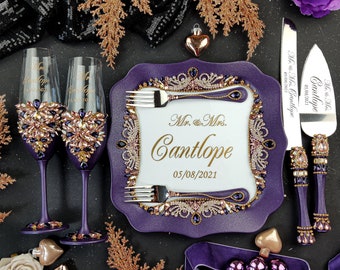 Purple wedding, plum rose gold wedding cake cutting set, purple copper wedding glasses