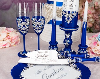 Royal blue wedding decorations, royal blue wedding cake cutting set, royal blue wedding glasses