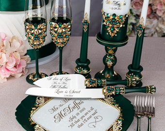 Green wedding cake cutting set, emerald green wedding cake server, green gold wedding flutes