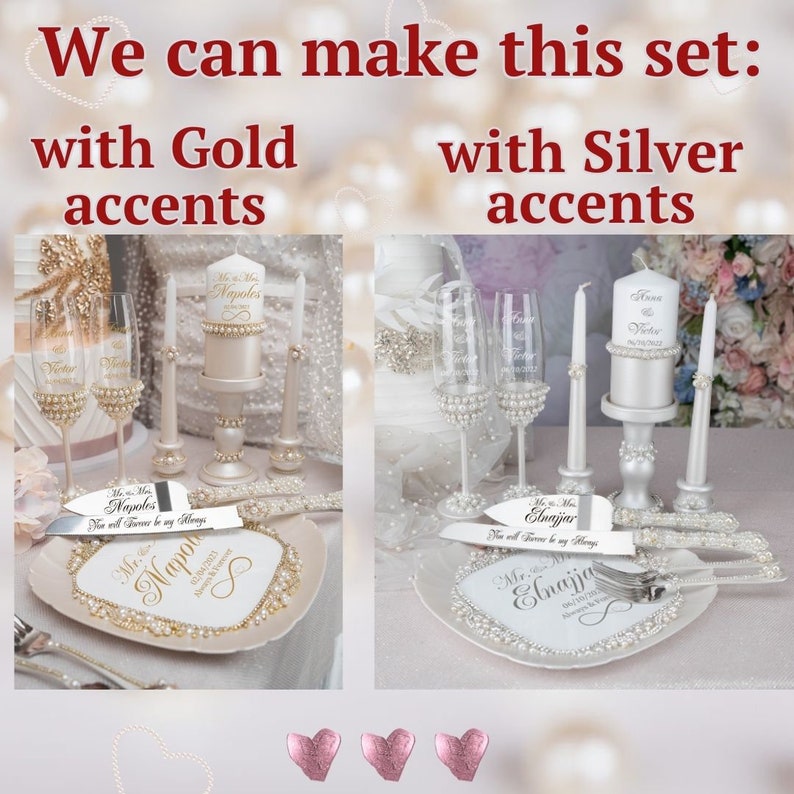 May include: A wedding cake cutting set with two champagne flutes, a cake knife, and a cake server. The set is decorated with pearls and comes in two styles: gold and silver. The text on the cake knife reads "We will forever be my always".