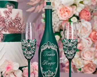 Wedding  Emerald Green Silver Custom Champagne Bottle & Glasses Set