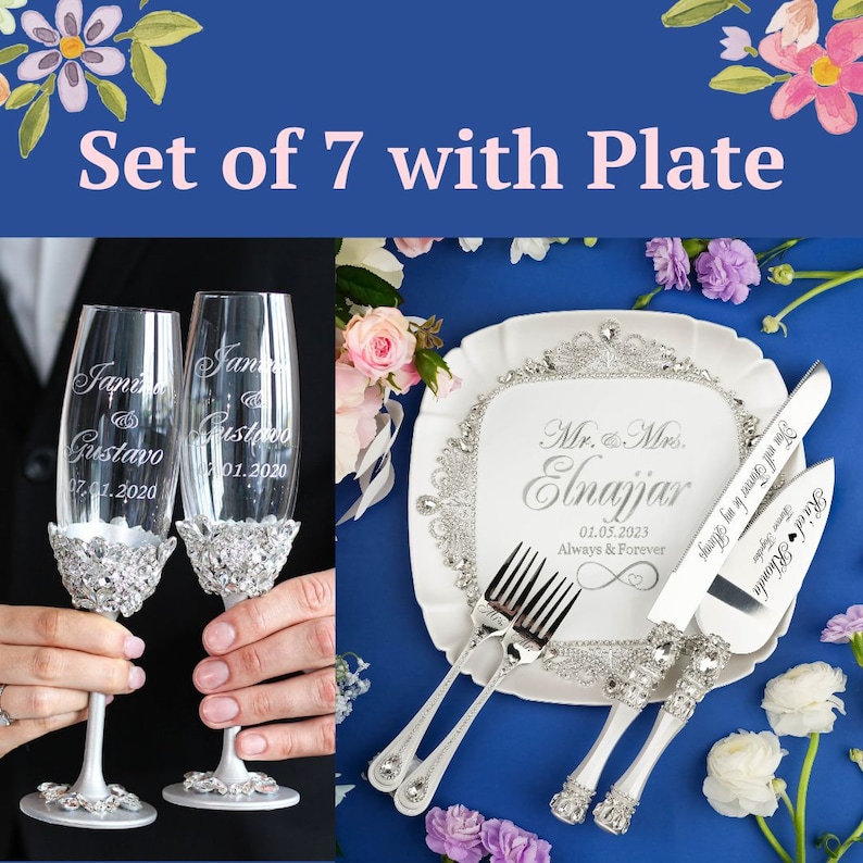 May include: A set of seven wedding-themed items, including two champagne flutes, a cake knife, a cake server, and a serving plate. The items are decorated with rhinestones and engraved with the names "Jane & Gustavo" and "Mr. & Mrs. Elnajjar" along with their wedding dates.
