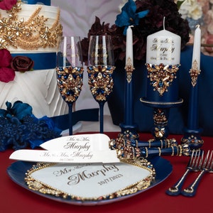 Navy burgundy wedding, maroon navy blue wedding, navy wine wedding cake cutting set, navy burgundy wedding glasses