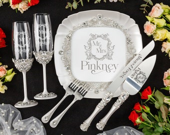 silver wedding  flutes and cake server sets, silver wedding glasses for bride and groom wedding cake cutting set