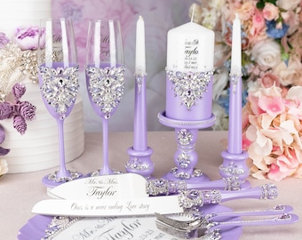 lilac wedding flutes and cake cutting set decor, lilac and silver wedding, amethyst wedding, lilac wedding cake server