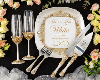 flutes and cake server sets, ivory wedding glasses for bride and groom wedding cake cutting set, ivory wedding