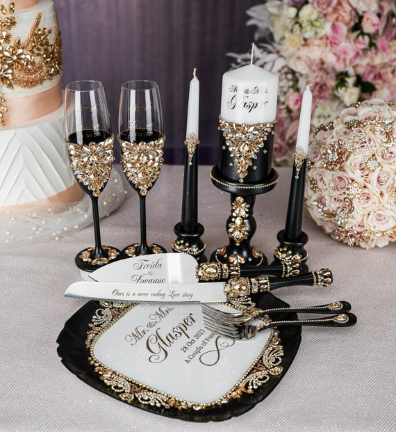 Black Wedding Decor, Black Gold Wedding Glasses, Black Wedding Flutes, Black  Cake Knife 