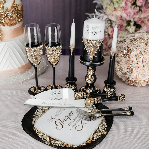 black wedding decor,  black gold wedding glasses, black wedding flutes, black cake knife