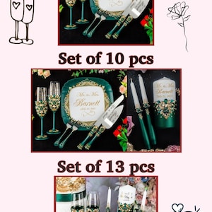 May include: A set of wedding decorations in green and gold. The set includes two champagne flutes, a cake knife and server, two candles, and a cake plate. The cake plate is decorated with the words "Mr. & Mrs. Barnett" and the date "July 22, 2023".