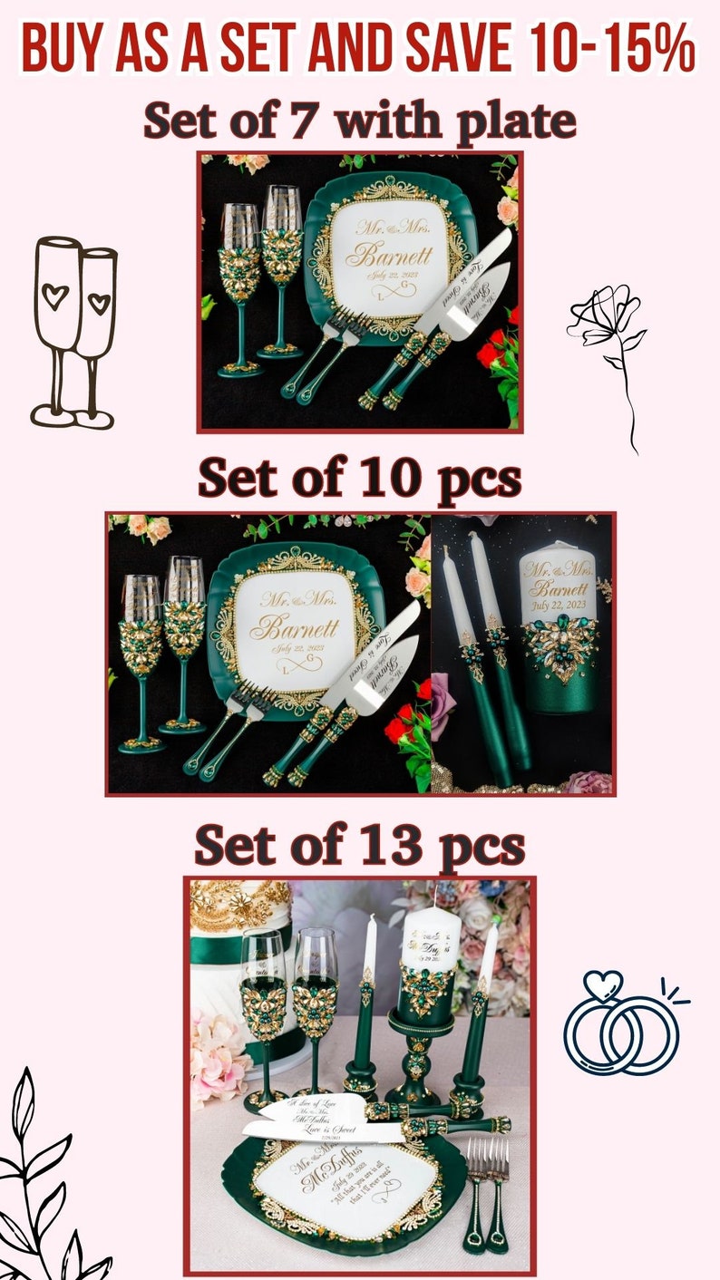 May include: A set of wedding decorations in green and gold. The set includes two champagne flutes, a cake knife and server, two candles, and a cake plate. The cake plate is decorated with the words "Mr. & Mrs. Barnett" and the date "July 22, 2023".