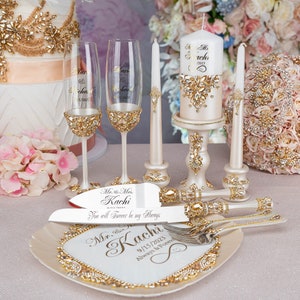 gold wedding cake cutting set, gold wedding cake server, gold wedding cake knife set set of 13 pcs