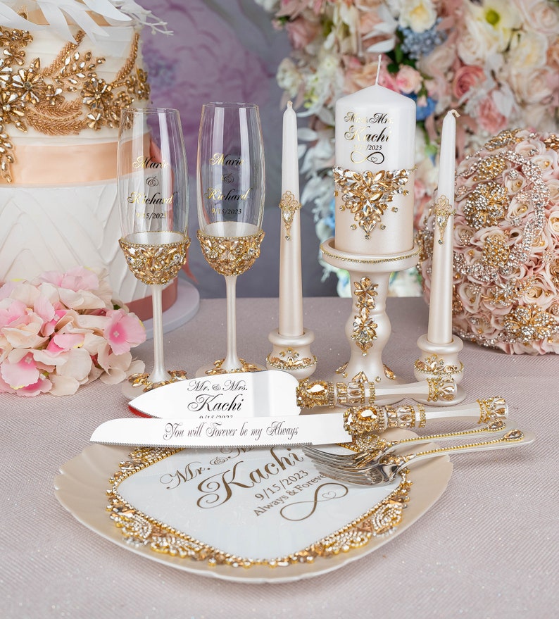 gold wedding cake cutting set, gold wedding cake server, gold wedding cake knife set set of 13 pcs