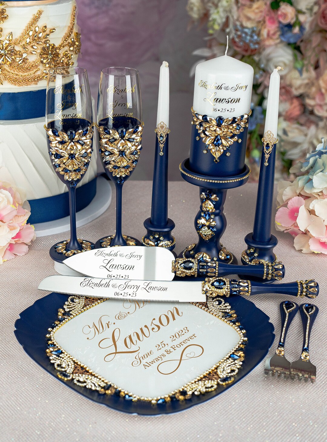 Navy Blue Wedding Glasses & Server Set Rustic Glasses Cake Cutter Set of 4  