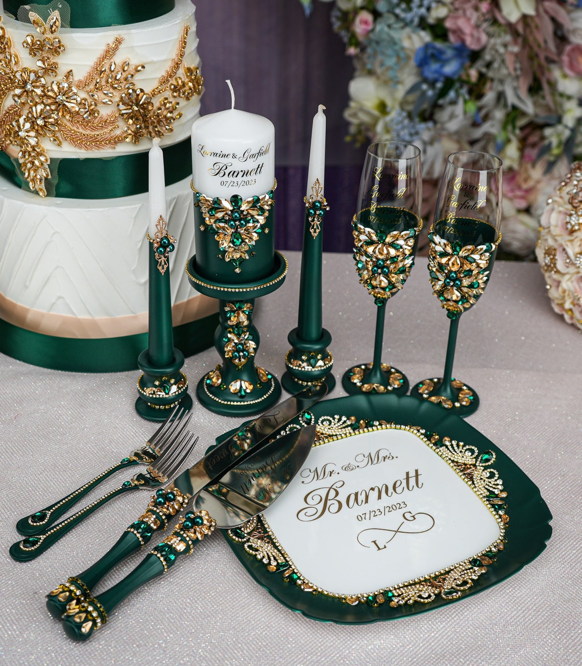 Green wedding cake cutting set emerald green wedding cake set of 13 pcs