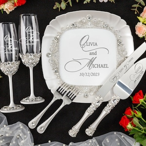 silver knife set and toast glasses, wedding glasses and cake knife set, wedding cake plate with forks, silver rhinestone cake cutter set of 7 with plate