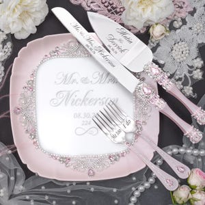 wedding cake cutting set Blush wedding cake knife server powdery wedding cake serving set, blush wedding glasses blush silver wedding flutes