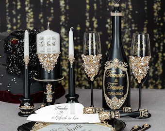 black wedding decor,  black gold wedding glasses, black wedding flutes, black cake knife