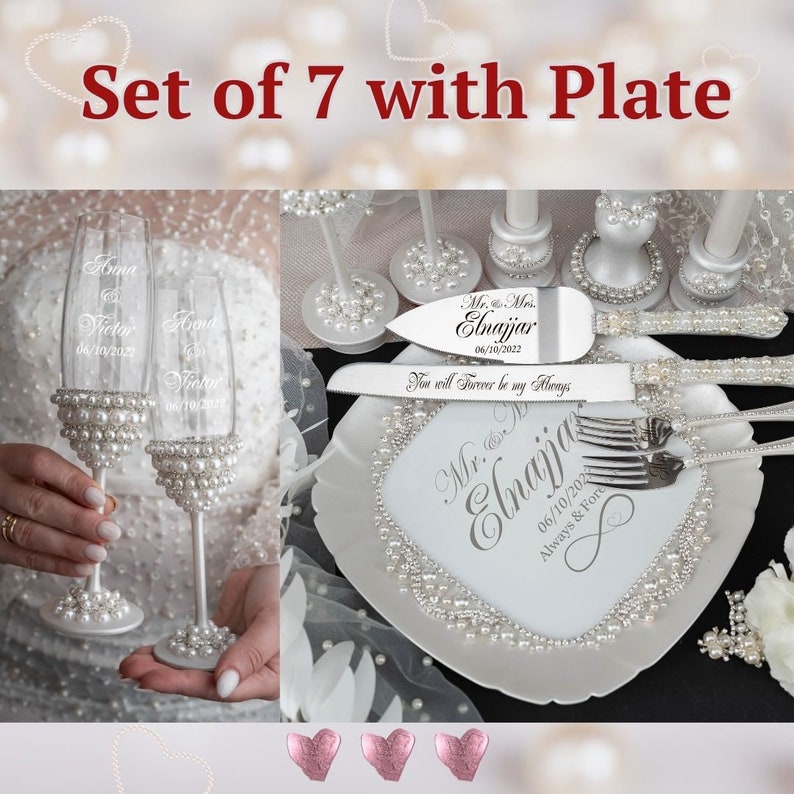 May include: A set of seven wedding decorations, including two champagne flutes, a cake knife, a cake server, a cake plate, and two candle holders. The flutes and cake server are decorated with pearl-like beads. The cake plate is white with a pearl-like trim and the text "Mr. & Mrs. Elnajjar 06/10/2022 Always & Forever" printed on it. The cake knife has the text "Mr. & Mrs. Elnajjar 06/10/2022 You will Forever be my Always" printed on it.