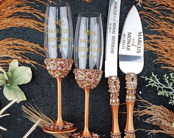 Boho Wedding Cake Cutting Set: Rust Orange Champagne Flutes & Server