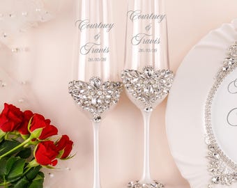 verres à champagne de mariage, flûtes de mariage pour les jeunes mariés, verres pour toast de mariage, verres de mariage pour les jeunes mariés, coupe de gâteau de mariage
