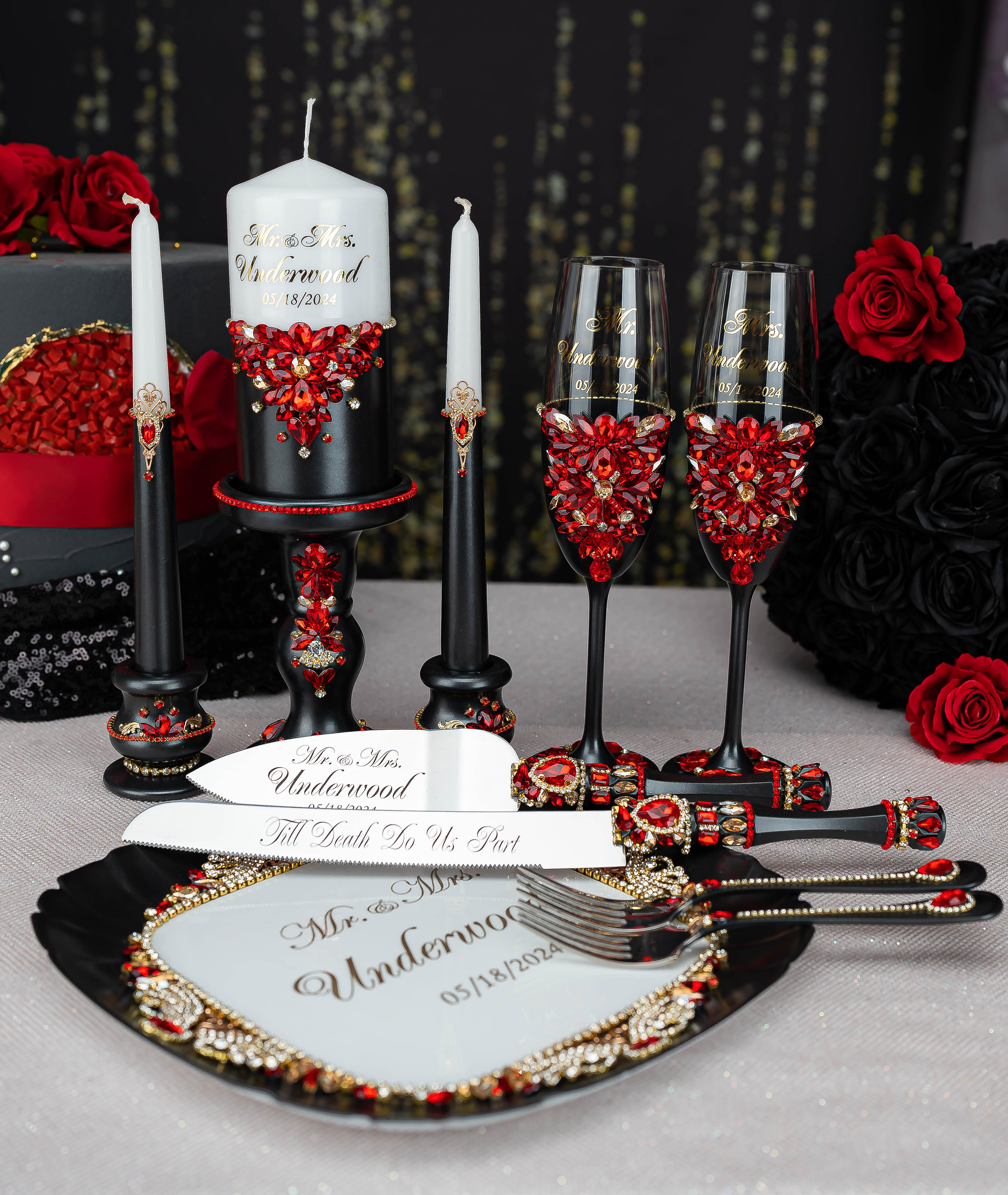 black ,red and some gold themed decor for wedding receptions,etc