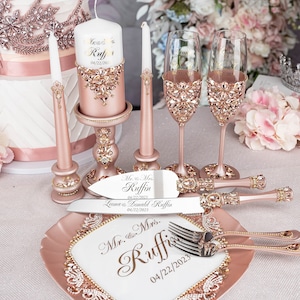 Ensemble de flûtes de mariage et pelle à gâteau en or rose, verres de mariage et emporte-pièce en or rose, couteau à gâteau en or rose