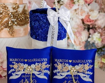 Royal blue wedding ring bearer pillows and flower girl baskets , Royal blue wedding flower basket, Royal blue gold wedding decorations