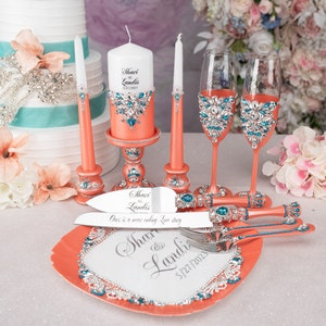 coral turquoise wedding decor, coral teal wedding decor, coral wedding glasses,coral  wedding cake server