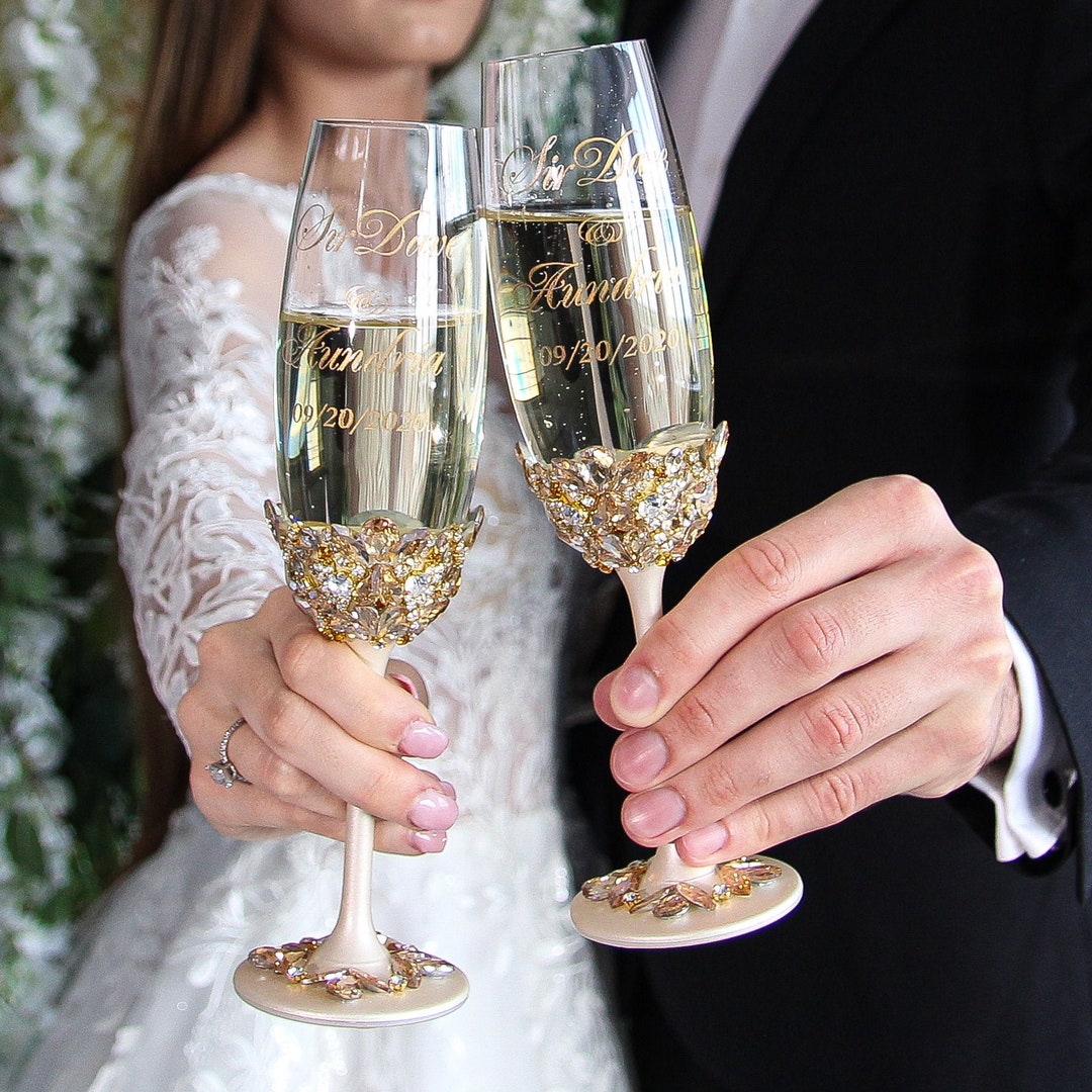 Elegant Gold Stainless Steel Champagne Flutes for Celebration Toasting Birthday Anniversary Bride Groom Mr Mrs Wedding Party,Stemed Slanted