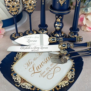 Navy Blue & Gold Engraved Wedding Utensils: Cake Server, Plate, Forks