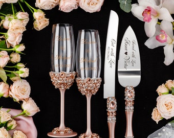 Rose Gold Wedding Cake Server Set & Champagne Flutes
