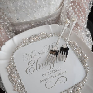 pearl wedding, pearl wedding glasses and cake knife set, pearl flutes, wedding cake plate with forks, pearl wedding theme image 4