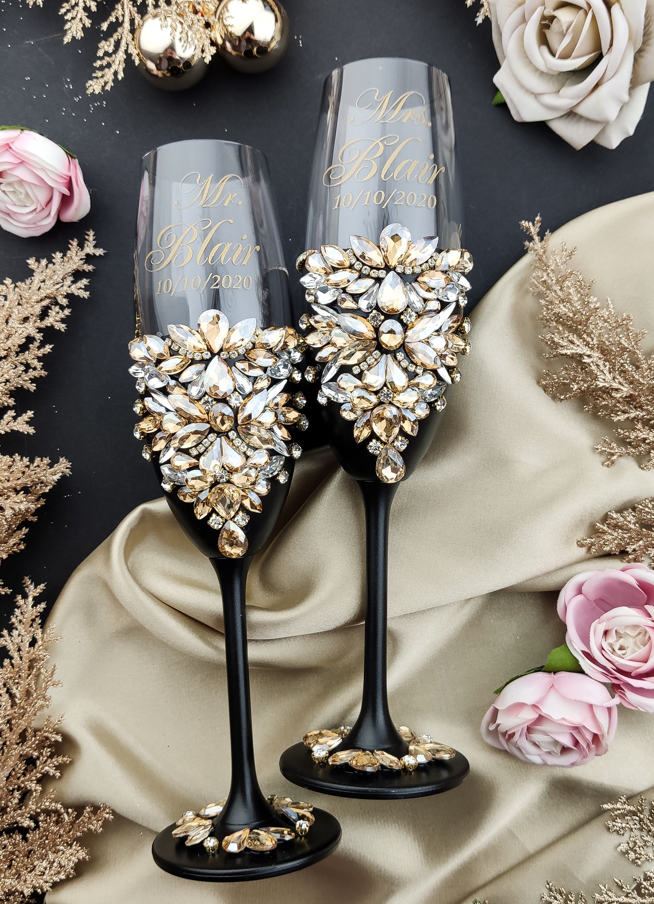 Black wedding cake serving set black gold wedding glasses Etsy